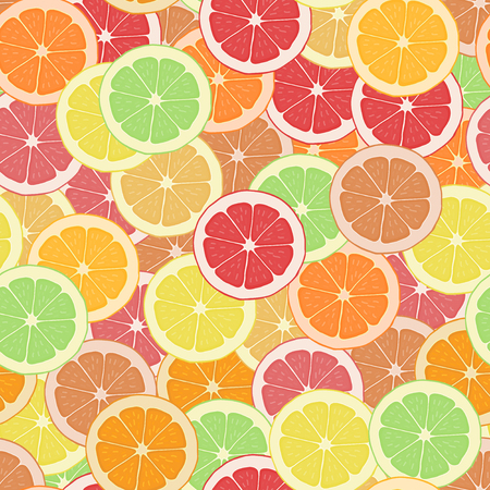 Seamless pattern background citrus. Wallpaper fruit. Vector tropical delicious. Sliced of lemon, orange and grapefruit. Tasty and healthy eat. Sweet foodのイラスト素材