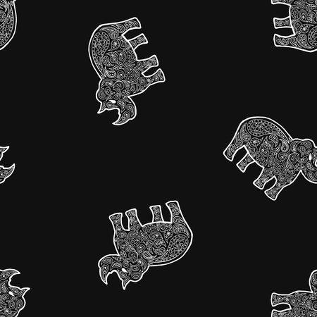 Rhinoceros. Safari animal tangle pattern. Coloring book seamless pattern background. Black and white.のイラスト素材