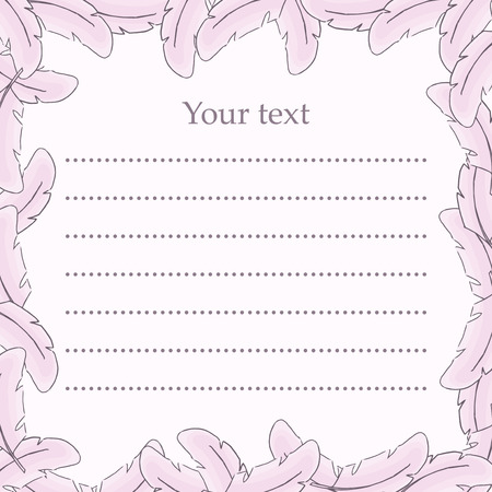 Your text. Template vector illustration. Frame made of bird pink feathers. Hand drawn postcard. Message of congratulations on the holiday.のイラスト素材