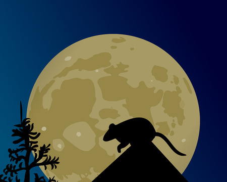 A huge moon glows in the night sky. The silhouette of the rat on the roof vector illustration.のイラスト素材