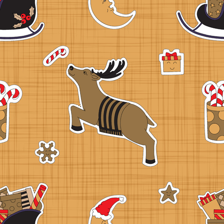 Christmas deer. Seamless pattern background with gifts vector illustration.のイラスト素材