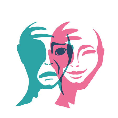 Split personality vector illustration. The mask of happiness and sadness. The contrast of human emotions.のイラスト素材