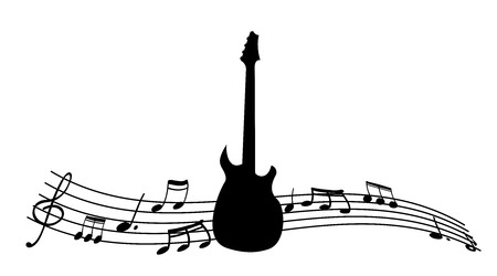 Black silhouette of the guitar and music notes.のイラスト素材