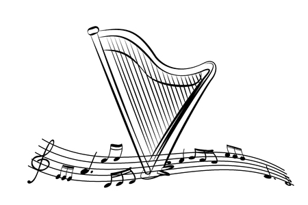 Harp in the sheet music. Pattern for musical events. Black and white poster. Vector illustration.のイラスト素材