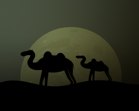 Camel in the desert. Twilight and moon. Vector illustration.のイラスト素材