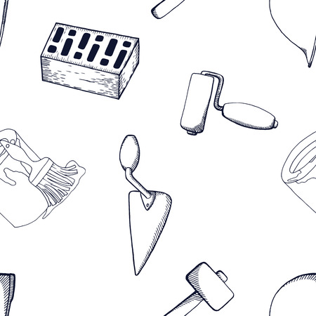 Construction tools. Black and white design vector illustration. Seamless pattern background.のイラスト素材