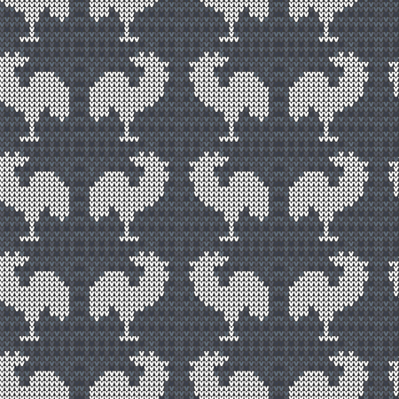 Knitting gray with roosters. Seamless pattern background. Handmade knitwear. Vector illustration.のイラスト素材