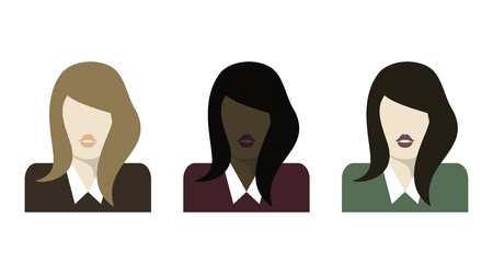 Flat woman icons set. Bubble speech. Vector illustration. Discussion. Different races of people.のイラスト素材