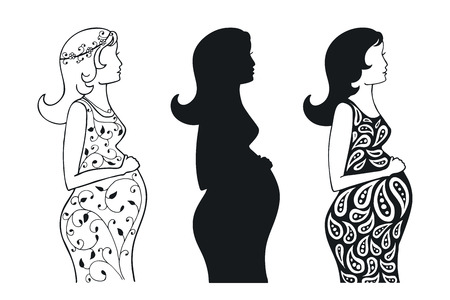 Set of abstract silhouettes of a pregnant girl. Vector illustration. Pregnancy woman.のイラスト素材