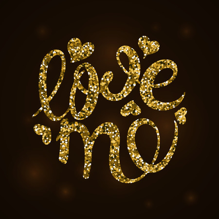 Love me calligraphy. Gold spangles and dark background. Vector illustration. Valentine day. Greeting cardのイラスト素材