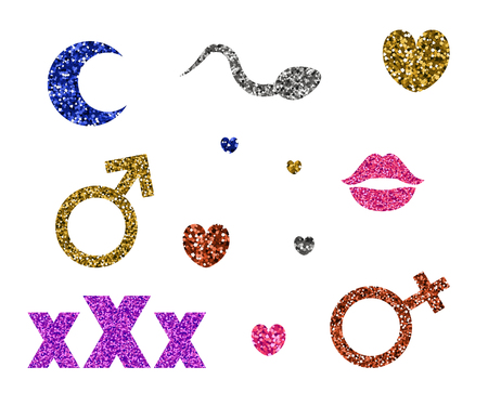 Set of erotic icons. Vector illustration. Sequins and spangle. Abstract sexual symbols. XXX, moon, lips heart spermのイラスト素材