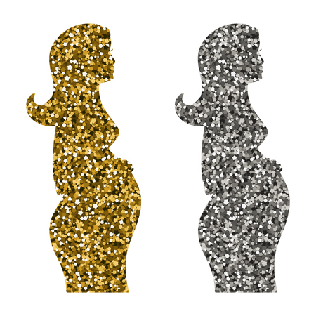 A set of icons of a pregnant girl. Pregnancy vector illustration. Gold and silver sequins.のイラスト素材