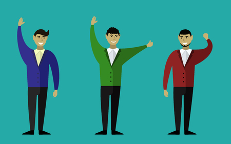 Three men on a blue background. Smiling and waving programmers. Vector illustration. The concept of programming.のイラスト素材