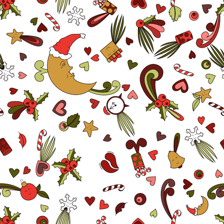 New year cartoon design. Seamless pattern background. Doodle vector illustration.のイラスト素材