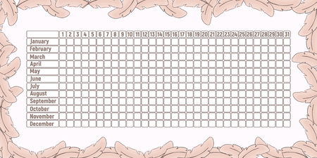 Menstrual period calendar. Monthly woman menstruation control. Vector illustration. Empty table with pink feathers.のイラスト素材