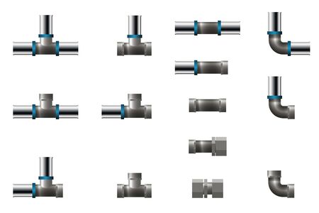 Fittings for polypropylene pipe. Vector illustration. Set of tee, angle and connector.のイラスト素材