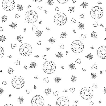 Seamless pattern background with donut. Baking vector illustration. Vanilla and cloves. Doodle coloring book.のイラスト素材