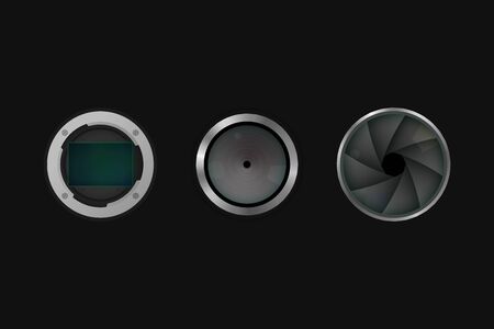 Image sensor, shutter and lens. Vector illustration. Camera equipment.のイラスト素材