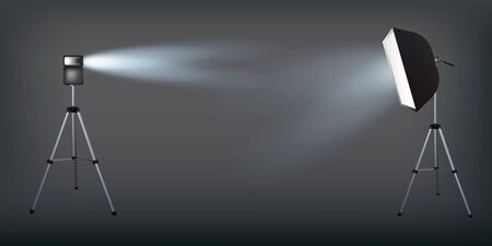 Soft box, flash and flash light. Dark background. Photo flash equipment. Vector illustration. Spotlight softbox.のイラスト素材