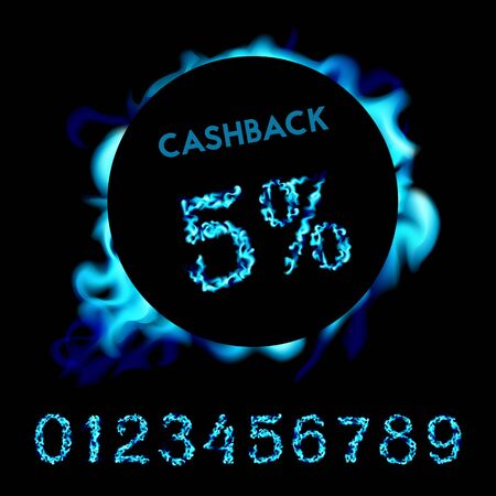 5 percent cashback. Blue neonfire design on black background. Vector illustrationのイラスト素材