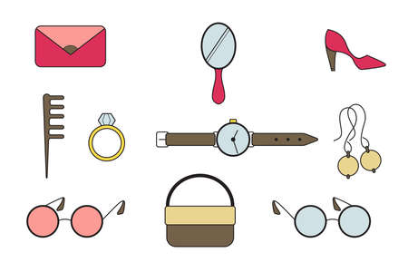 Accessories for girls. Flat doodle design vector illustration. Bag, clutch, watch, glasses, comb, ring earrings shoes mirrorのイラスト素材