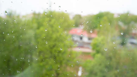 Rain drops on glass. Wet window with raindrops, nature background, transparent dropetの写真素材