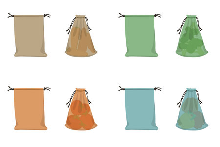 Fabric eco bags, textile packaging with carrots, tomato, broccoli, pepper. Vector illustration farm productsのイラスト素材