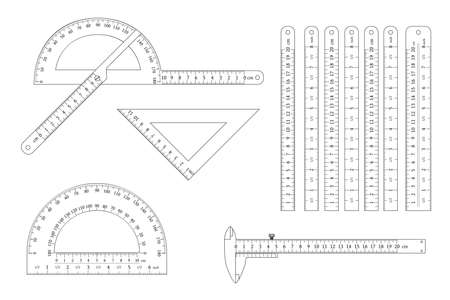 protractor, ruler straight and angular, vernier caliper outline set.のイラスト素材