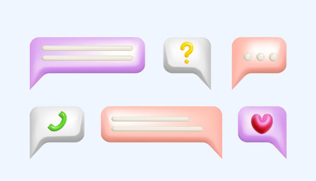 3d blue bubble speeches with question mark, ellipsis, heart and phone icon.のイラスト素材