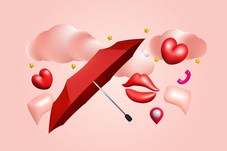 3d red heart with lips, phone, map pin, umbrella and bubble speech. Pink clouds on the sky vector illustration design. Objects for love, Valentine Day decoration, wedding celebration.のイラスト素材