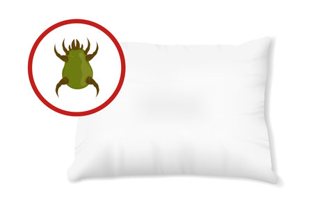 Green dust mite on pillow vector illustration. Microscopic dangerous insect causes asthma, allergy, infection and dermatitis.のイラスト素材