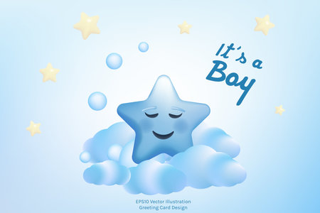Its a boy invitation template vector illustration design. Cartoon blue 3d stars, clouds, bubbles. Gender party celebration greeting card.のイラスト素材