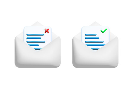 Opened 3d letter envelopes with document, check and cross marks vector illustration design. Template of message notification.のイラスト素材