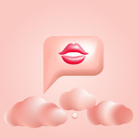 Purple 3d bubble speech with lips and clouds vector illustration design. Web banner, love message on Valentine Dayのイラスト素材