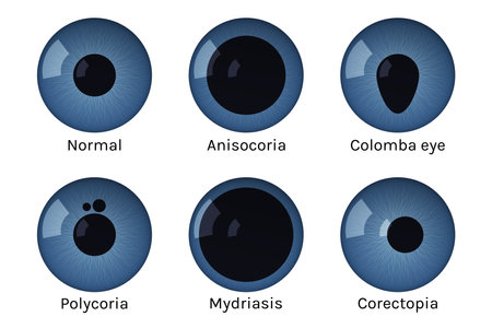 Eye pupils set with disease vector illustration. Normal, anisocoria, colomba, polycoria, mydriasis corectopiaのイラスト素材