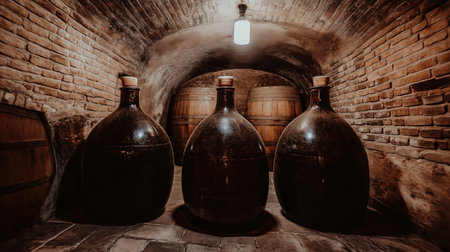 Large demijohns aging in traditional brick wine cellarの素材