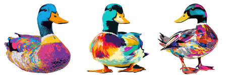 Featuring three vibrant, colorful illustrations of mallard ducks in a playful pop art style, white backgroundの素材