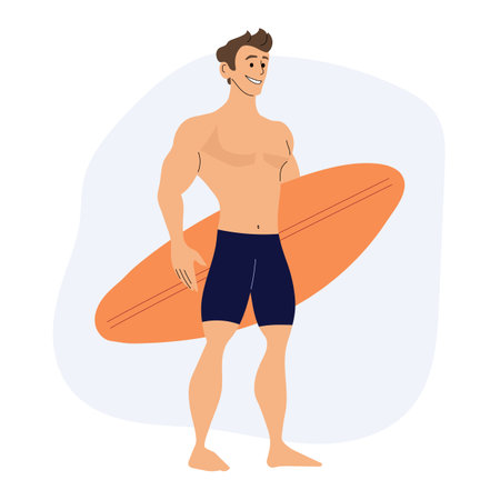 Smiling surfer holding his surfboard under his arm, enjoying the warmth of summer vacation while preparing for an exciting day of surfing in the vibrant beach atmosphereのイラスト素材