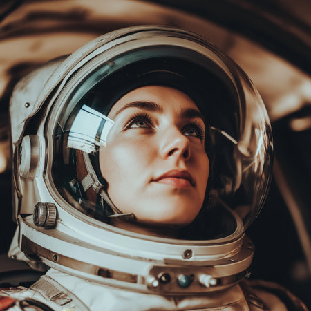 Close up of a female astronaut wearing a space helmet, gazing upwards inside a spacecraft, conveying a sense of wonder and anticipation during a space missionの素材