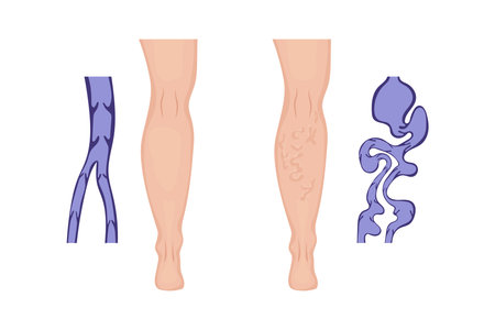 Medical illustration showing healthy leg and varicose veins, providing a clear comparison of normal and abnormal vein structure, highlighting the twisted and enlarged appearance in varicose veinsのイラスト素材