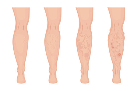 Four steps showing varicose veins gradually appearing on skin, from reticular varicose veins to advanced edema with trophic ulcers, useful for medical and healthcare publicationsのイラスト素材