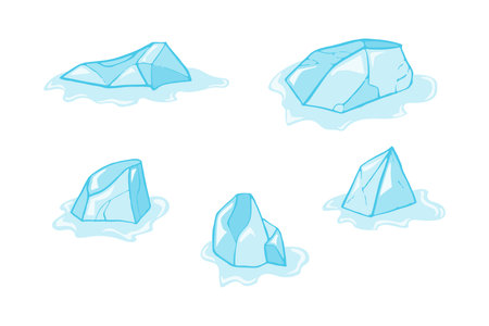 Set of six melting glaciers gradually disappearing into the ocean, illustrating the rising sea level and highlighting critical global warming and climate change challengesのイラスト素材