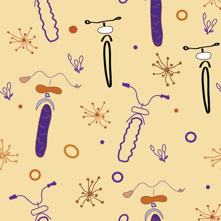 Whimsical little pattern with bicycles floating about with graphic and plant elements. Whimsical and fun vector design surface patternのイラスト素材