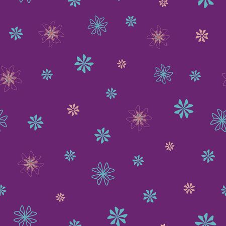 Seamless floral pattern with pink and blue flowers scattered random on purple background for fabric design, seamless vectorのイラスト素材