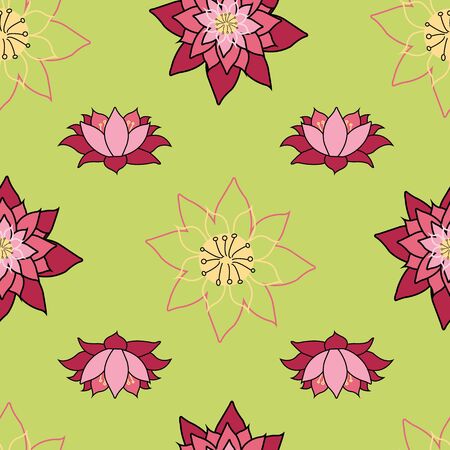 Blooming Lotus repeat vector design, bright green background, Lily in bloom surface pattern designのイラスト素材