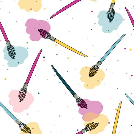 Paint brush and paint splotches on speckled background seamless repeat Vector illustration. surface pattern designのイラスト素材