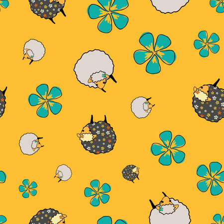 Sheeps and flowers on bright yellow background, dark sheep has flowers in fun, seamless vector pattern surface designのイラスト素材