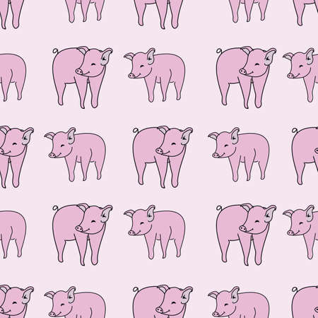 Pigs Seamless pattern with pigs looking around repeated on pink background. Vector illustration. surface designのイラスト素材