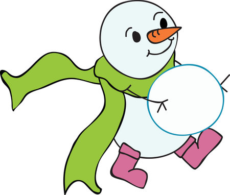 snowman carrying snowball with green scarf flying behind wearing pink boots vector illustrationのイラスト素材