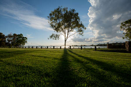 A peaceful early morning scene with the sun rising over a grassy area beside a lake in country Australiaの写真素材